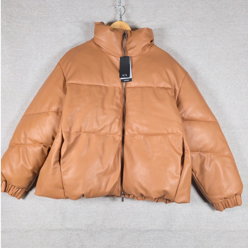 Armani Exchange Womens Tan Faux Leather Puffer Jacket Blouson Size XL NWT $320